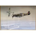 Eric. H. Day (1900 - 1995), Aviation Artist, regularly commissioned by the RAF. Spitfires overhead