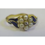 A Pretty 19th Century Pearl and Rose Cut Diamond Dress Ring with Royal Blue enamel decoration to
