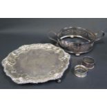 Two Silver Napkin Rings, electroplated salver etc., 19g