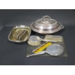 A Birmingham Silver Brush Set, silver plated entrée dish, etc.