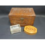 A Carved Camphor Wood Chest (30.5cm wide) and other boxes,