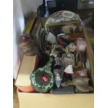 A Box of Oddments including Clocks, carved wooden figurine, modern Chinese plate, pictures etc.