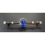 A Sapphire and Diamond Bar Brooch in an unmarked gold setting, 39mm, 2.6g