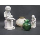 Two Parian Ware Figures (largest 21cm), Loetz style glass vase and opaline glass vase