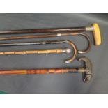 A Collection of Old Walking Sticks including one Indian with carved horn handle in the form of an
