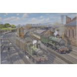 George Heiron (1929 - 2001), Original Signed Watercolour Dated 1999, Two Trains pulling out of the