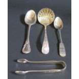 A Victorian Silver Sugar Sifter Spoon Sheffield 1898 JL&S, one other Victorian spoon, sugar tongs