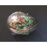 A .900 Continental Silver and Floral Enamel Hinged Egg with gilt interior, flower mark, 40mm tall,