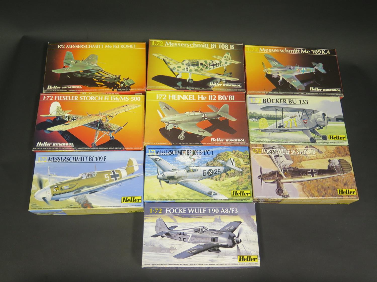 Ten Heller WWII German War Plane etc. Kits 1/72 Scale. Including Messerschmitt, Bucker, Focke