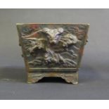 A Small Oriental Bronze Jardinière decorated with mythical beasts and with red patina, cast mark