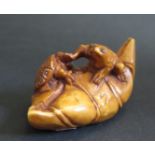 An Early Japanese Carved Ivory Netsuke of a frog and terrapin, signed to base, 56mm