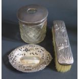 An Oriental Silver Backed Brush decorated with irises, Edward VII Silver Pierced Pin Dish,