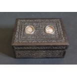 A 19th Century Indian Carved Ebony Box mounted with miniatures of Shah Jehan and his son, 9.5cm
