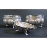 A Pair of Asian White Metal Footed Bowls (8.5cm diam.) and scallop shaped dish, 196g