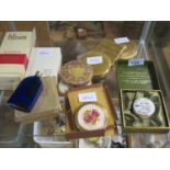 A Boxed English Enamel Patch Pot, perfume bottles and compacts