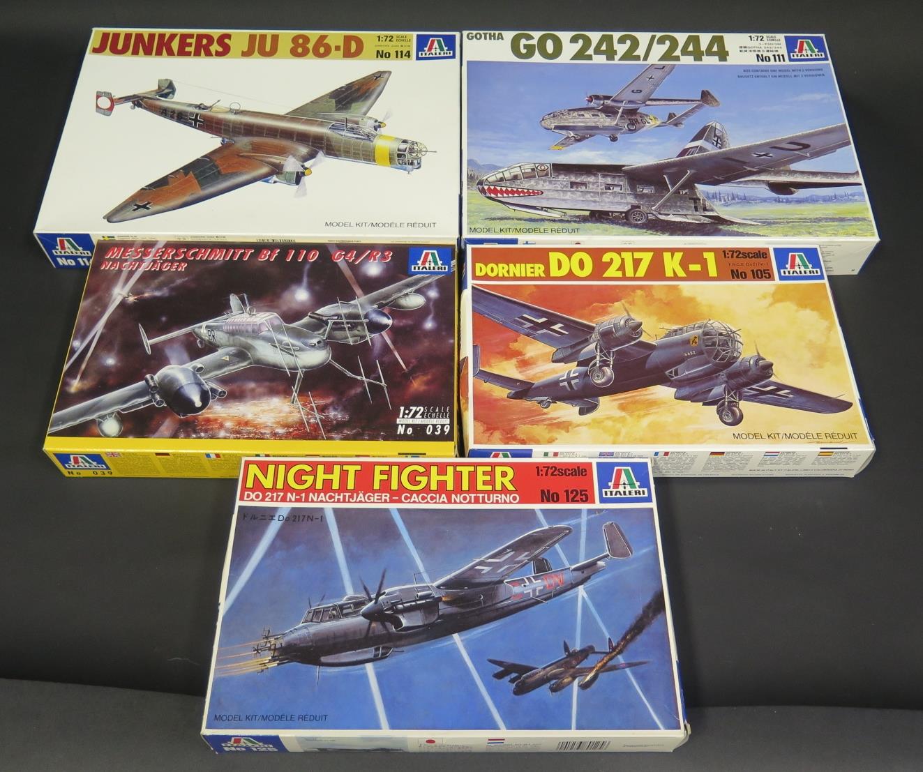 Five Italeri WWII German War Plane Kits 1/72 Scale. No. 125, 105, 039, 114, 111. Appear unmade,