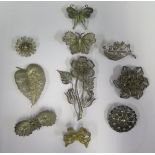A Collection of Silver Filigree Brooches, some unmarked, largest 75mm, 64.2g