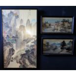 A Large Chinese painting on silk depicting a Mountain and River Scene, 101 x 59cm, F&G and Two