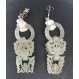 A Pair of Chinese Carved Jade and Pearl Pendant Earrings, c. 49mm drop