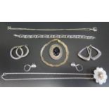 A Sterling Silver Gilt Bracelet, silver and mother of pearl pendant brooch on chain and other silver
