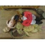 A Selection of Oddments including doll, teddy bears, brass framed mirror, sewing basket etc.