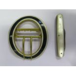 A Large Enamelled Buckle (84x 69mm) and Sheffield silver and mother of pearl fruit knife with