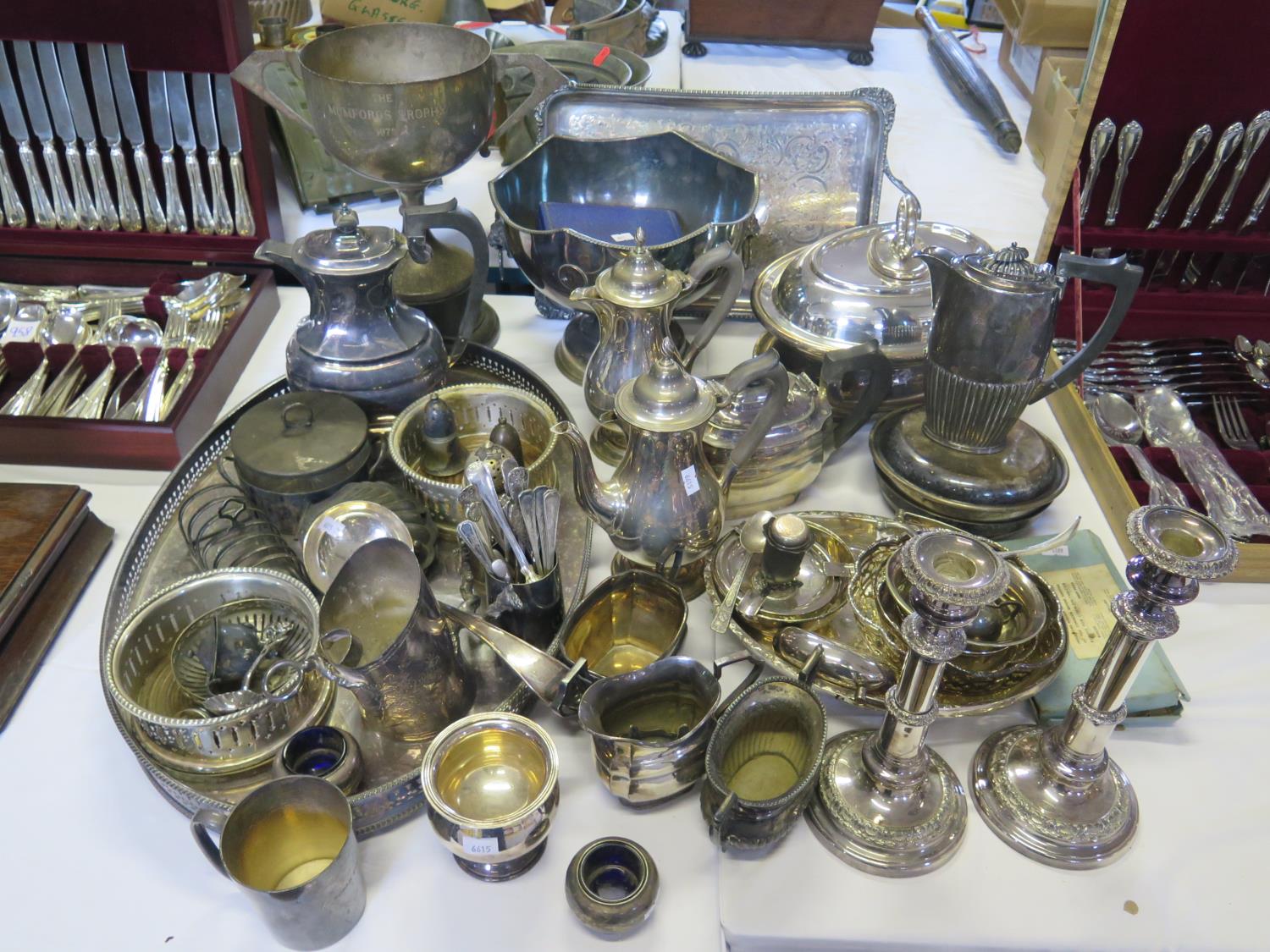 A Large Selection Of Silver Plated Ware Including Tray, Coffee Pots, Tea Pots Etc.
