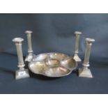 A Set of Four Silver Plated Corinthian Column Candlesticks 20cm and hors d'oeuvre dish