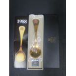 A Cased Georg Jensen 1988 Silver Gilt and Enamel Year Spoon, 15cm, sealed in bag, 43.8g