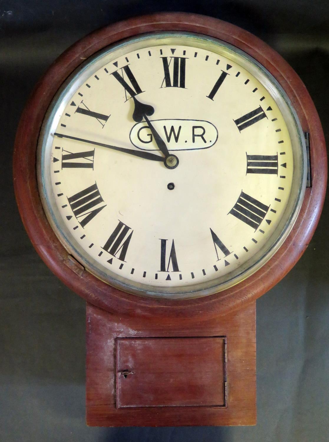 A G.W.R. Drop Pendulum Wall Clock in original teak case with 'G.W.R. 2474' plaque, single fusee