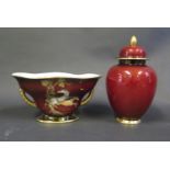 A Carlton Ware Rouge Royal Vase with Cover (17.5cm) and Crown Devon 'Pegasus' bough pot