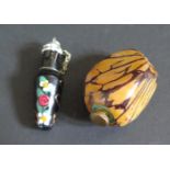 A Miniature Venetian Glass Scent Flask (44mm) and carved nut flask