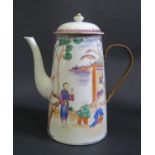 An 18th Century Chinese Porcelain Coffee Pot with old repairs and other faults, 25cm high