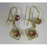 A Pair of 18ct Gold and Pink Stone Set Pendant Earrings, c. 24mm drop