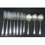 A Matched Set of Six George V Silver Forks London 1935, one other silver fork and three soup spoons,