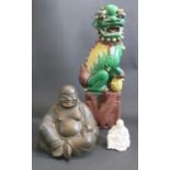 A Chinese Tin Glazed Foo Dog (34.5cm), bronze Buddha and porcelain Buddha