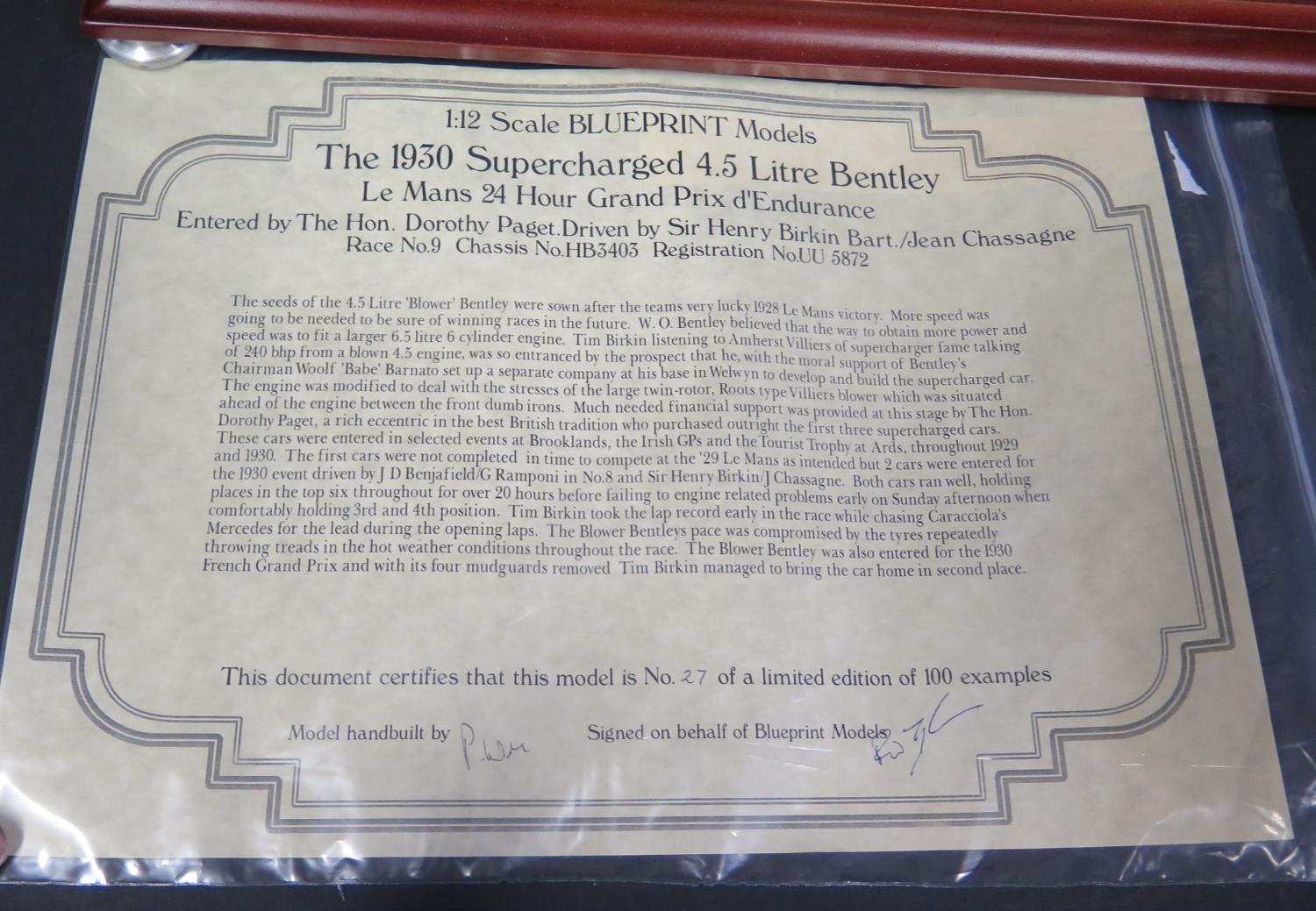 A 1:12 Scale Blueprint Models 'The Blower Bentley' 1930 4.5 Litre Supercharged Bentley No. 27 of - Image 11 of 11