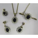 A Pair of 9ct Gold, Sapphire and White Stone Earrings, Brooch and two Pendants with one on a