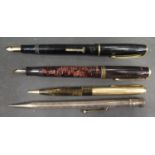 A Parker Vacumatic Fountain Pen, rolled gold Parker propelling pencil, Burnham B48 and Ingersoll