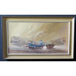 Wyn Appleford, Fishing Boats Moored Up, 20/21st Century, Oil on Canvas, 76 x 39cm, Framed