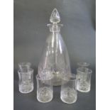 A René Lalique Haarlem Decanter, (26.5cm) and six glasses, circa 1924, decanter engraved R.