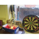 Five Old Tennis Rackets, including 'THE NATTY', dart's board and billiard balls