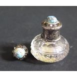 A Pretty Miniature Glass Scent Flask with white metal turquoise mounted cover, 29mm and one other