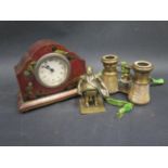 A Small Red Japanned Clock (A/F), pair of mother of pearl mounted opera glasses and humerous brass