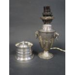 A Silver Plated Lamp (21.5cm) and inkwell