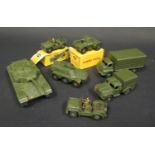 Seven Dinky Toys Military Tanks, Trucks and Austin Champs.