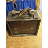 An Old Four Drawer Tool Chest and Contents including Stanley plane and ebony and brass set squares