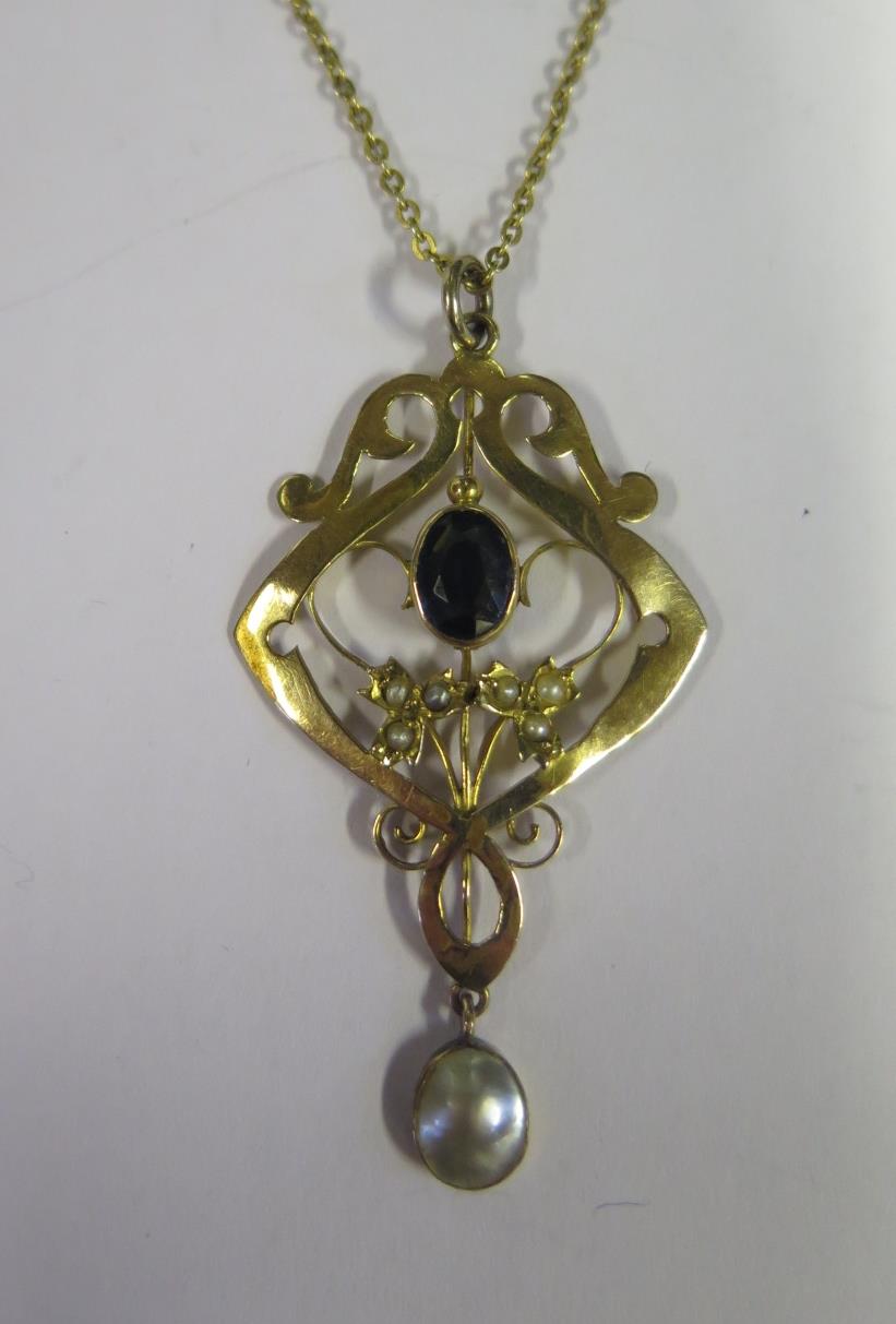 A 9ct Gold, Sapphire and Blister Pearl Pendant on chain, c. 49mm drop, 3.9g, Sydenham Brothers, 3.8g - Image 2 of 2