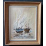 Wyn Appleford, Three Fishing Boats at Low Tide, 20th/21st Century, Oil on Canvas, 50 x 30cm, Framed