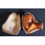 A Cased Meerschaum Pipe Bowl in the form of a monarch?, by Michael Holzer, c. 5cm high